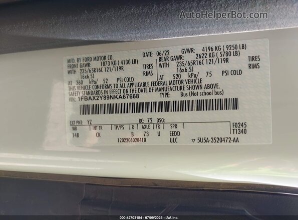 1FBAX2Y89NKA67668 2022 FORD PASSENGER Белый Вид подкапотного пространства
