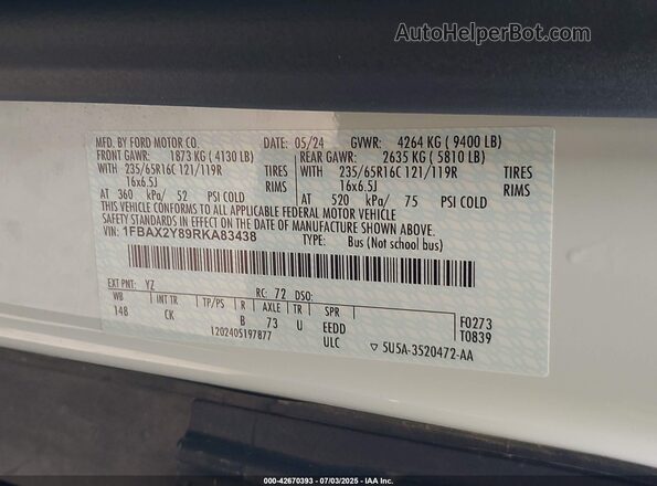 1FBAX2Y89RKA83438 2024 FORD PASSENGER White Вид підкапотного простору