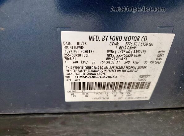 1FM5K7D80JGA79053 2018 FORD FORD EXPLORER Синий Вид наклейки с VIN-кодом