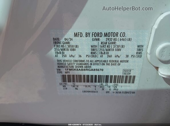 1FM5K8AB8RGA85670 2024 FORD POLICE INTERCEPTOR White Вид підкапотного простору