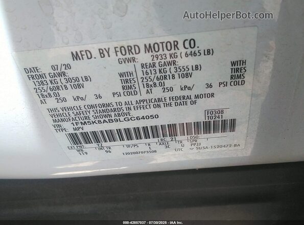 1FM5K8AB9LGC64050 2020 FORD POLICE INTERCEPTOR White Vista del compartimento del motor