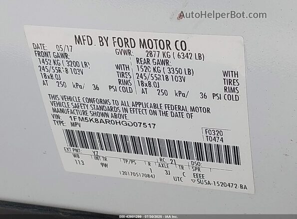 1FM5K8AR0HGD07517 2017 FORD POLICE INTERCEPTOR White Engine compartment view