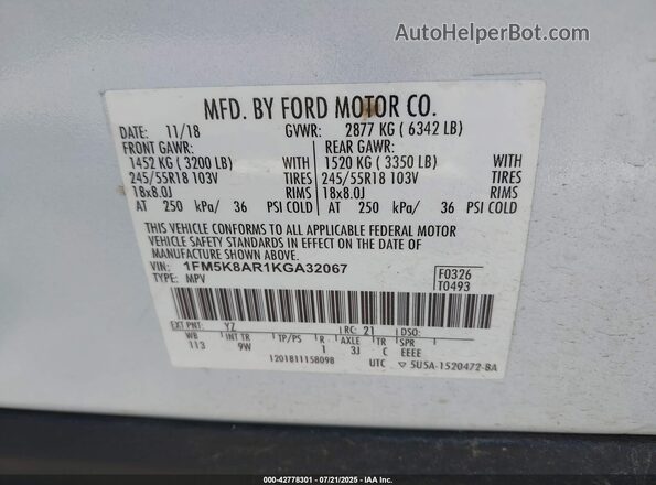 1FM5K8AR1KGA32067 2019 FORD EXPLORER White Vista del compartimento del motor