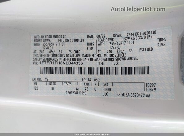 1FTER1FH8NLD44356 2022 FORD RANG White Vista del compartimento del motor