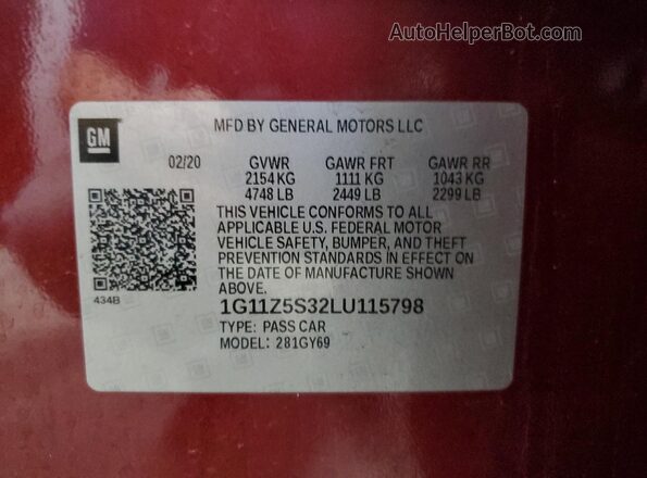 1G11Z5S32LU115798 2020 CHEVROLET IMPALA Burgundy ძრავის განყოფილების ხედი