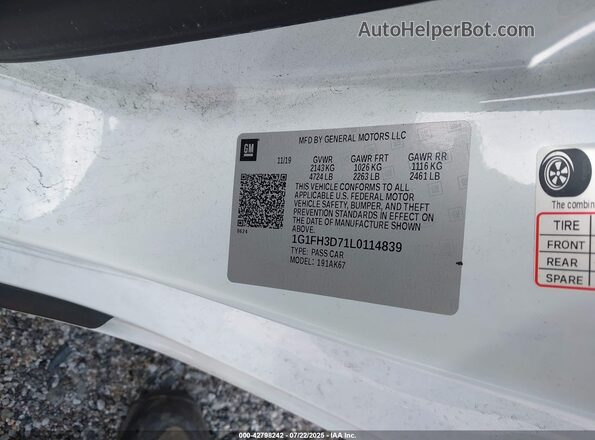 1G1FH3D71L0114839 2020 CHEVROLET CAMARO White ძრავის განყოფილების ხედი