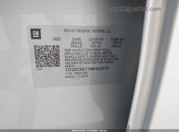 1G1ZC5ST7MF013777 2021 CHEVROLET MALIBU Серебряный Вид подкапотного пространства