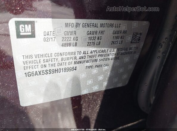 1G6AX5SS9H0189984 2017 CADILLAC CTS Purple Engine compartment view