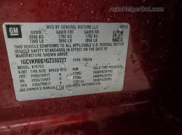 1GCVKREC1GZ330727 2016 CHEVROLET 1500 Burgundy VIN sticker view