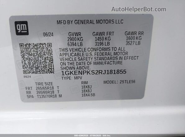 1GKENPKS2RJ181855 2024 GMC ACADIA Белый Вид подкапотного пространства