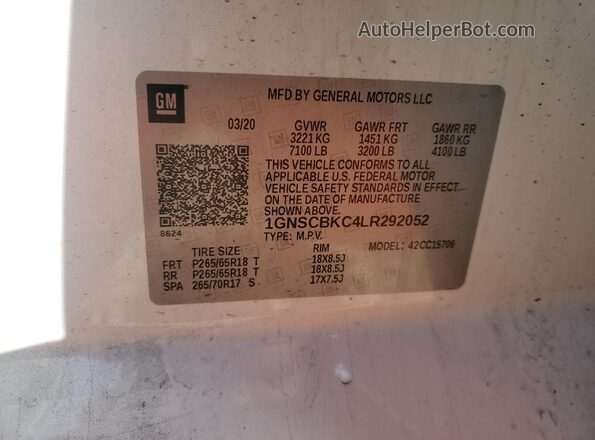 1GNSCBKC4LR292052 2020 CHEVROLET TAHOE White VIN კოდის სტიკერის ხედი
