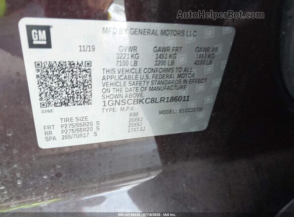 1GNSCBKC8LR186011 2020 CHEVROLET TAHOE Burgundy Вид підкапотного простору