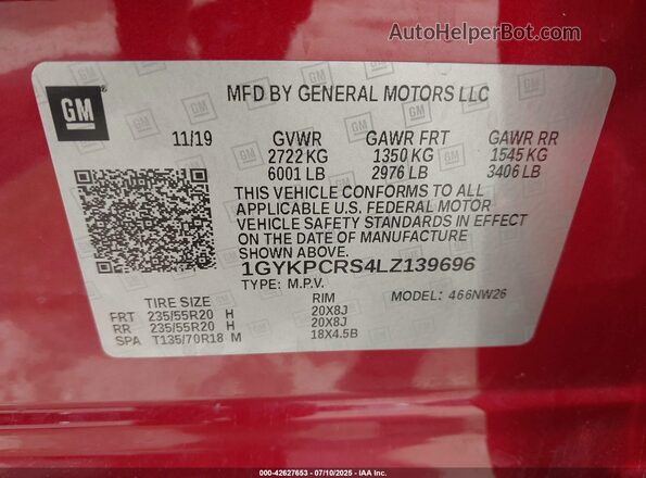 1GYKPCRS4LZ139696 2020 CADILLAC OTHER Red Vista del compartimento del motor