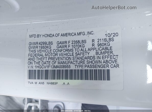 1HGCV1F13MA008955 2021 HONDA ACCORD White Вид підкапотного простору