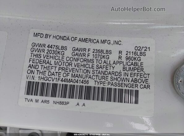1HGCV1F44MA041456 2021 HONDA ACCORD White Вид підкапотного простору