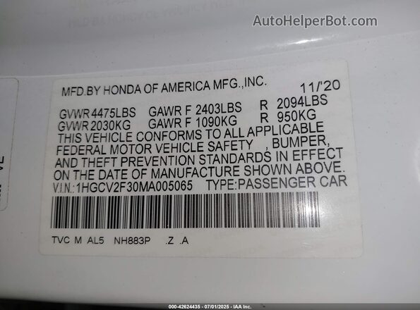 1HGCV2F30MA005065 2021 HONDA ACCORD White ძრავის განყოფილების ხედი