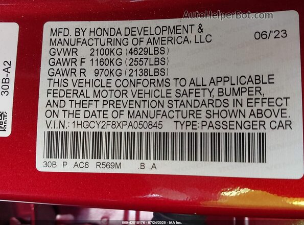 1HGCY2F8XPA050845 2023 HONDA ACCORD Красный Вид подкапотного пространства