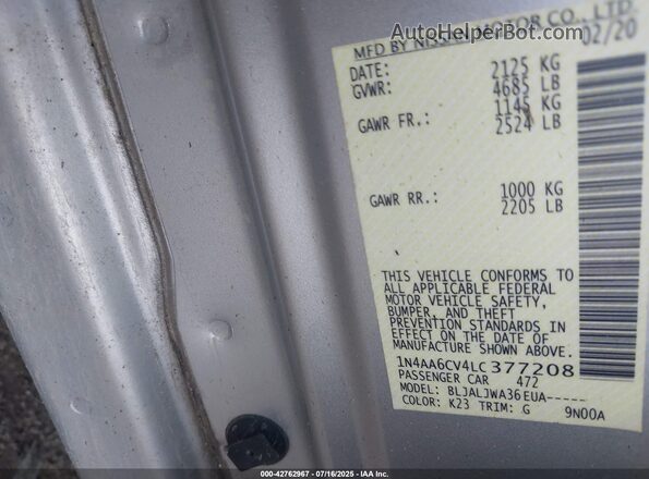 1N4AA6CV4LC377208 2020 NISSAN MAXIMA Silver Շարժիչի բաժամունքի տեսք