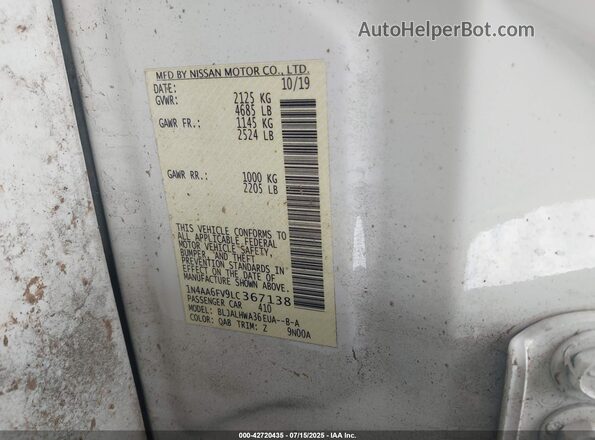 1N4AA6FV9LC367138 2020 NISSAN MAXIMA PLATINUM White Widok komory silnika