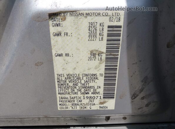 1N4AL3AP3JC198071 2018 NISSAN ALTIMA Silver Vista del compartimento del motor