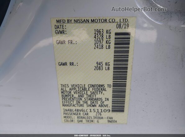 1N4BL4BV6LC151109 2020 NISSAN ALTIMA Белый Вид подкапотного пространства