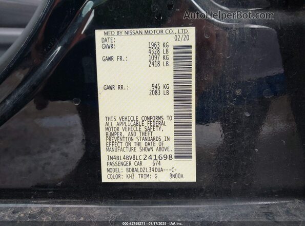 1N4BL4BV8LC241698 2020 NISSAN ALTIMA Черный Вид подкапотного пространства