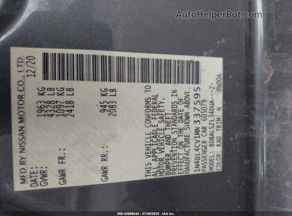 1N4BL4CV1MN337595 2021 NISSAN ALTIMA Gray Widok komory silnika