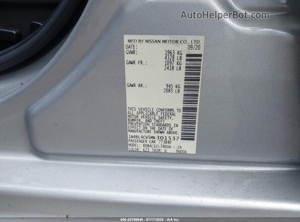 1N4BL4CV5MN301537 2021 NISSAN ALTIMA Серебряный Вид подкапотного пространства