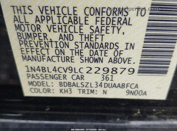 1N4BL4CV9LC229879 2020 NISSAN ALTIMA Черный Вид подкапотного пространства