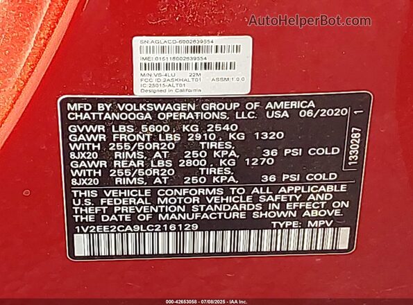 1V2EE2CA9LC216129 2020 VOLKSWAGEN ATLAS Красный Вид подкапотного пространства