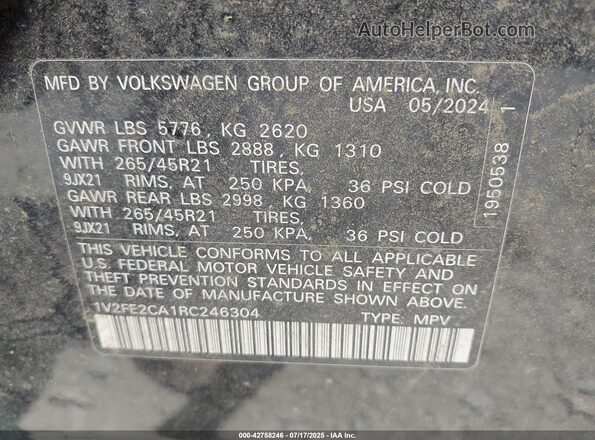 1V2FE2CA1RC246304 2024 VOLKSWAGEN ATLAS Black Vista del compartimento del motor