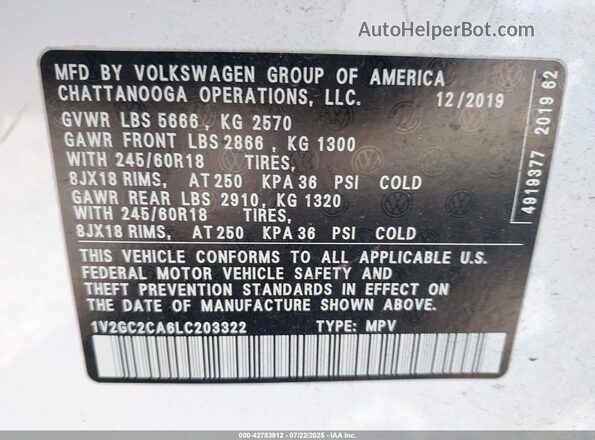1V2GC2CA6LC203322 2020 VOLKSWAGEN ATLAS White Widok komory silnika