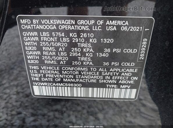 1V2WR2CA4MC596300 2021 VOLKSWAGEN ATLAS Black Vista del compartimento del motor