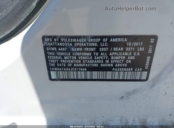 1VWBA7A34JC011846 2018 VOLKSWAGEN PASSAT Белый Вид подкапотного пространства