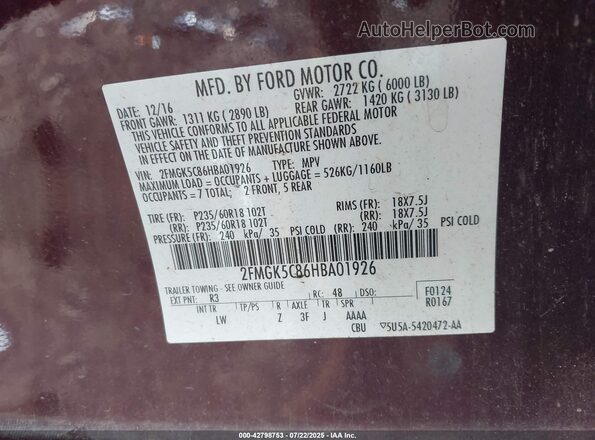 2FMGK5C86HBA01926 2017 FORD FLEX Maroon ძრავის განყოფილების ხედი