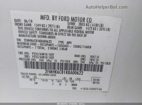 2FMHK6C81KBA00622 2019 FORD FLEX Белый Вид подкапотного пространства