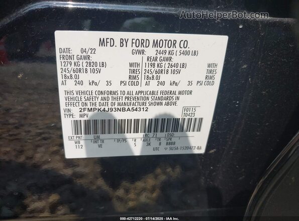 2FMPK4J93NBA54312 2022 FORD EDGE Черный Вид подкапотного пространства