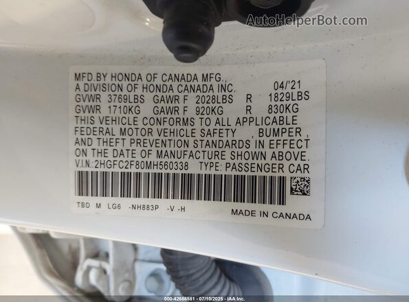 2HGFC2F80MH560338 2021 HONDA CIVIC White ძრავის განყოფილების ხედი