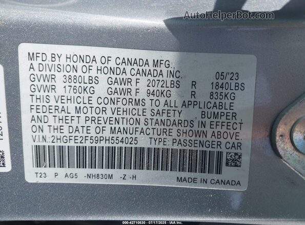 2HGFE2F59PH554025 2023 HONDA CIVIC Серебряный Вид подкапотного пространства