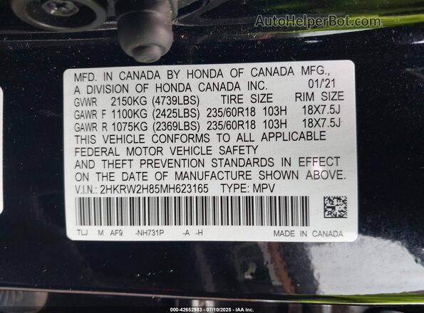 2HKRW2H85MH623165 2021 HONDA CR-V Черный Вид подкапотного пространства