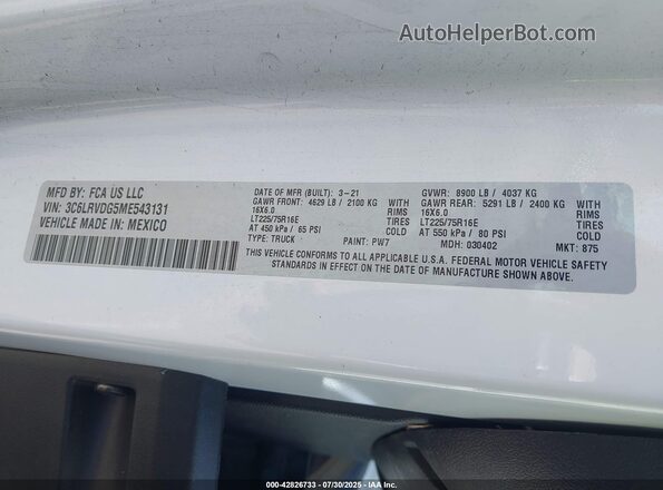 3C6LRVDG5ME543131 2021 RAM PROMASTER 2500 White Widok komory silnika