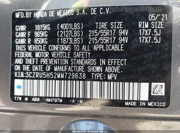 3CZRU5H52MM729638 2021 HONDA HR-V Серый Вид подкапотного пространства