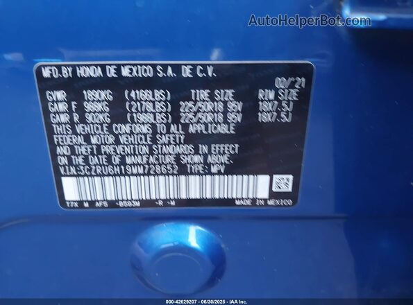 3CZRU6H19MM728652 2021 HONDA HR-V Blue Вид підкапотного простору