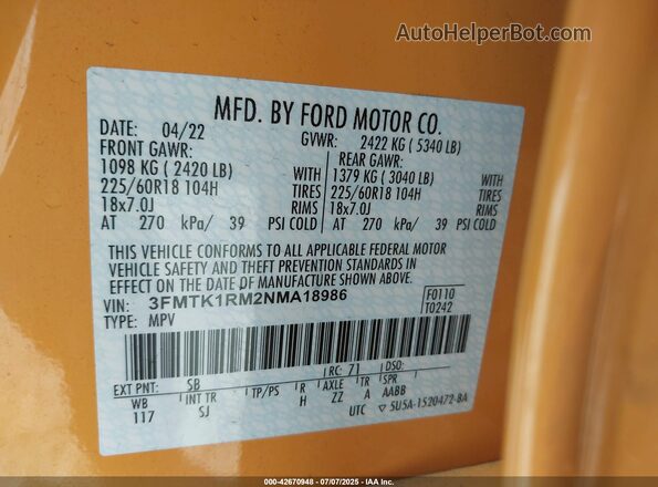 3FMTK1RM2NMA18986 2022 FORD MUSTANG MACH-E Yellow Widok komory silnika