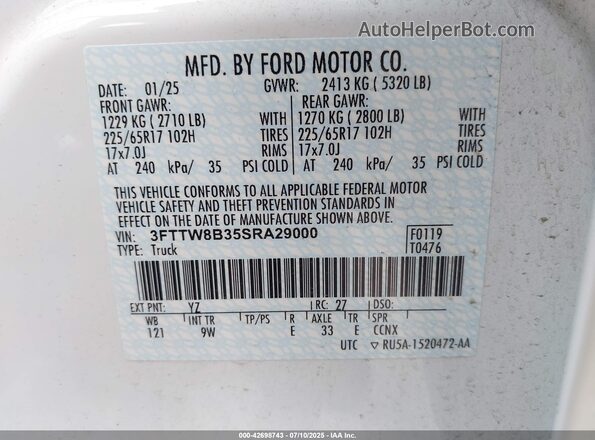 3FTTW8B35SRA29000 2025 FORD MAVERICK White Engine compartment view