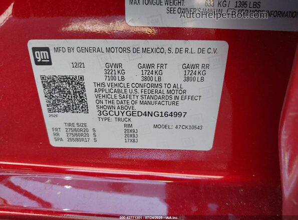 3GCUYGED4NG164997 2022 CHEVROLET SILVERADO Красный Вид подкапотного пространства
