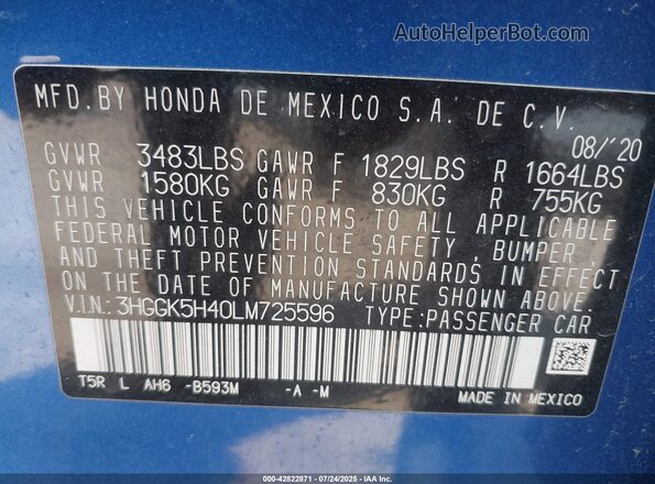 3HGGK5H40LM725596 2020 HONDA FIT Синий Вид подкапотного пространства