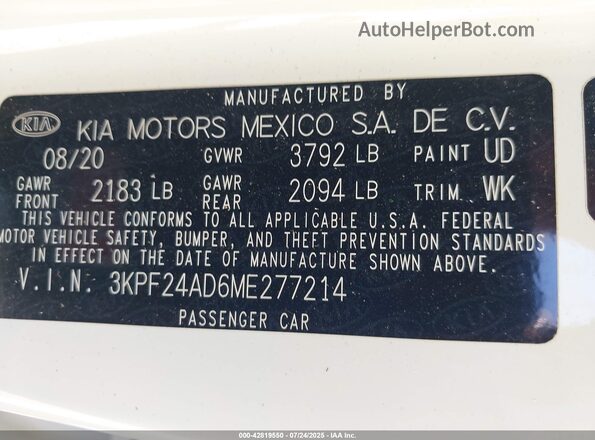 3KPF24AD6ME277214 2021 KIA FORTE White Widok komory silnika