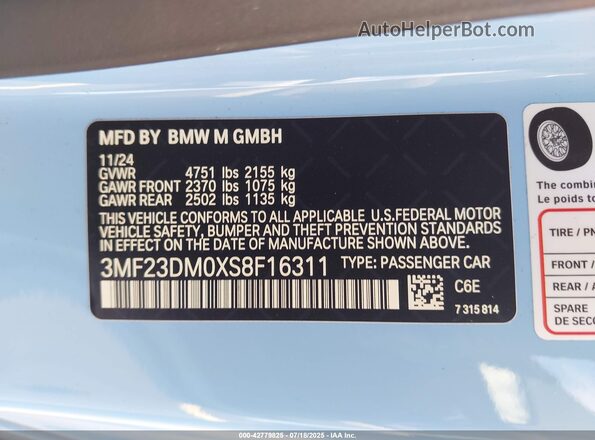 3MF23DM0XS8F16311 2025 BMW M2 Blue Widok komory silnika