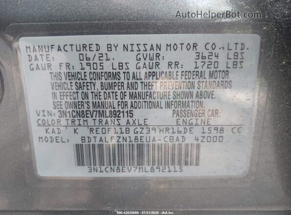 3N1CN8EV7ML892115 2021 NISSAN VERSA Gray Vista del compartimento del motor